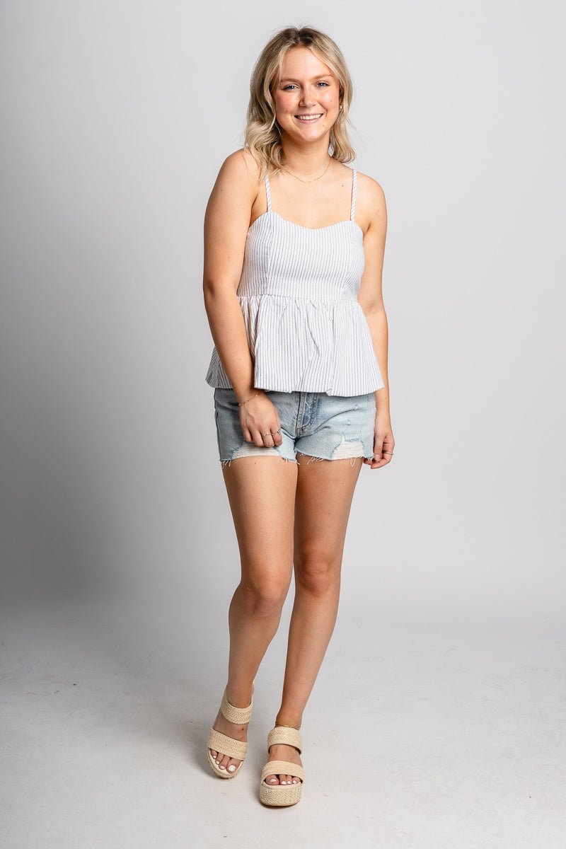 Striped peplum tank top white Stylish Tank Top - Womens Fashion Tank Tops at Lush Fashion Lounge Boutique in Oklahoma City