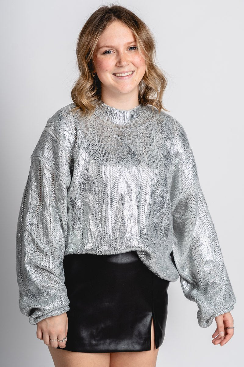 Metallic sweater silver – Stylish Sweaters | Boutique Sweaters at Lush Fashion Lounge Boutique in Oklahoma City