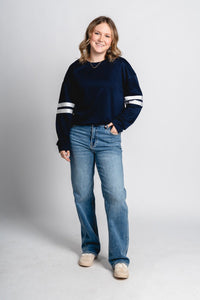 Varsity stripe sweatshirt navy - Oklahoma City inspired graphic t-shirts at Lush Fashion Lounge Boutique in Oklahoma City