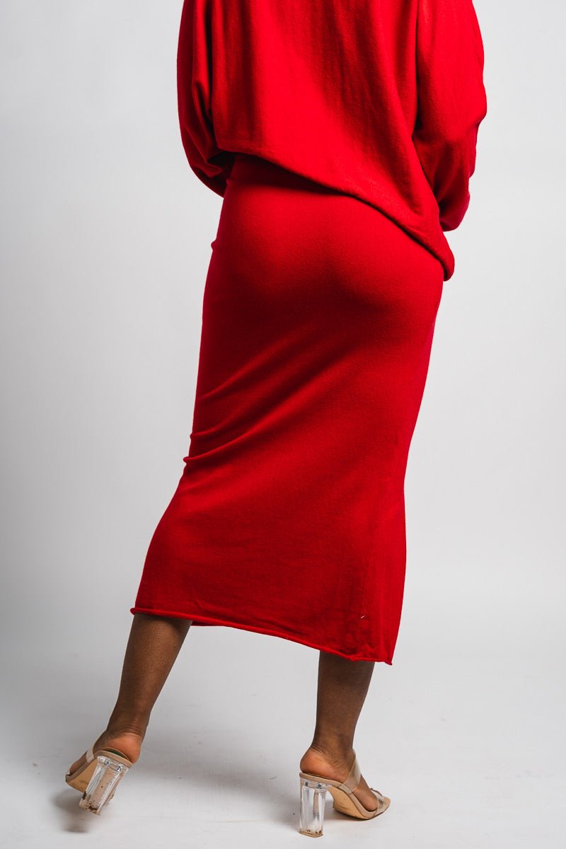 Sweater midi skirt red | Lush Fashion Lounge: boutique fashion skirts, affordable boutique skirts, cute affordable skirts