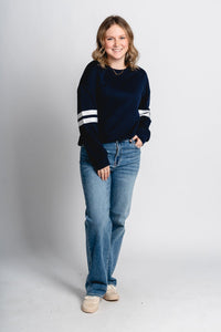 Varsity stripe sweatshirt navy - Trendy OKC Thunder T-Shirts at Lush Fashion Lounge Boutique in Oklahoma City