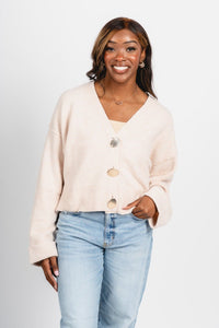 Button down sweater cardigan oatmeal - Affordable Cardigan - Boutique Cardigans & Trendy Kimonos at Lush Fashion Lounge Boutique in Oklahoma City