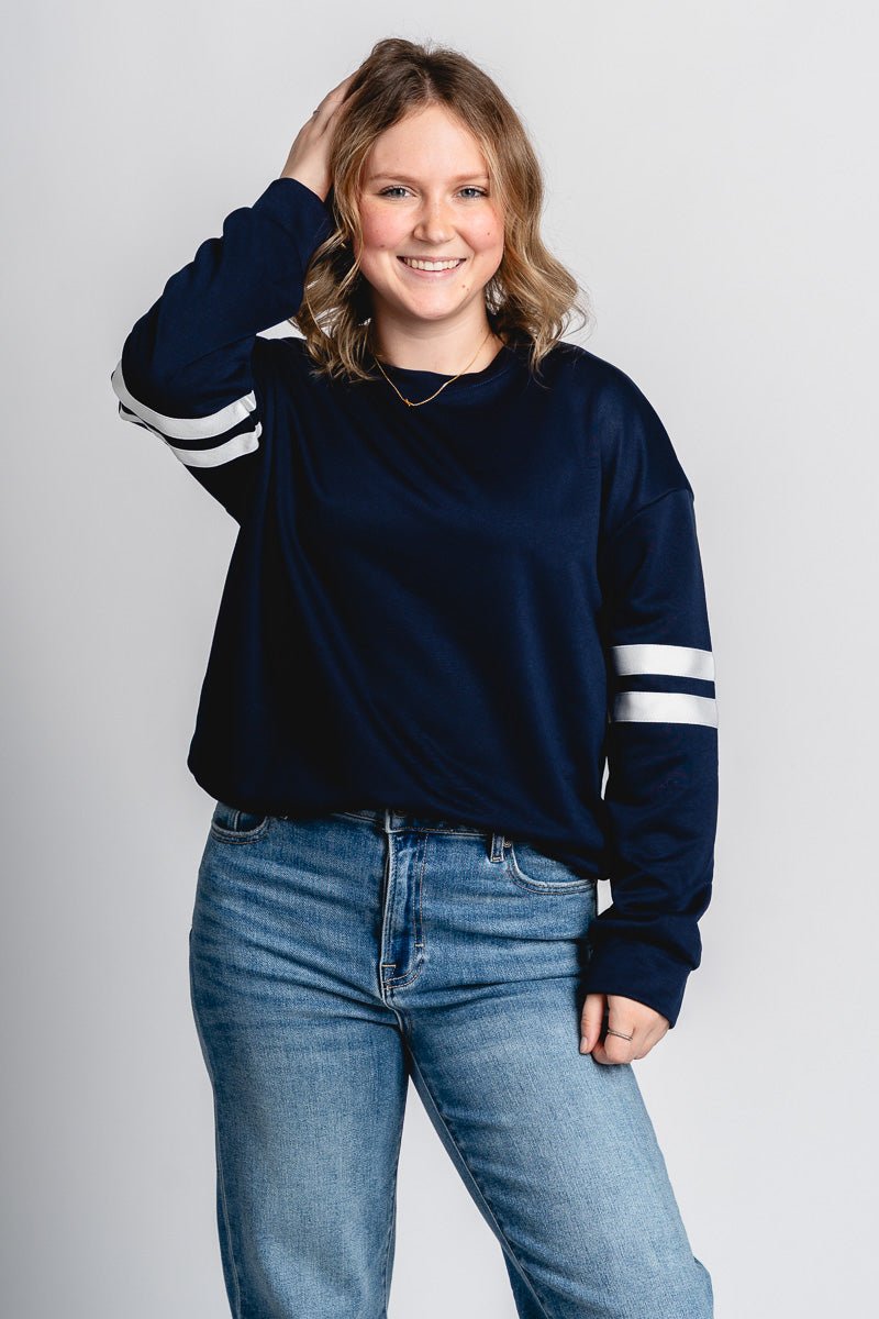 Varsity stripe sweatshirt navy - Vintage OKC Basketball T-Shirts at Lush Fashion Lounge Boutique in Oklahoma City