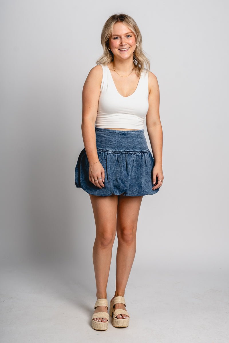 Puff hem denim skirt medium denim | Lush Fashion Lounge: boutique fashion skirts, affordable boutique skirts, cute affordable skirts
