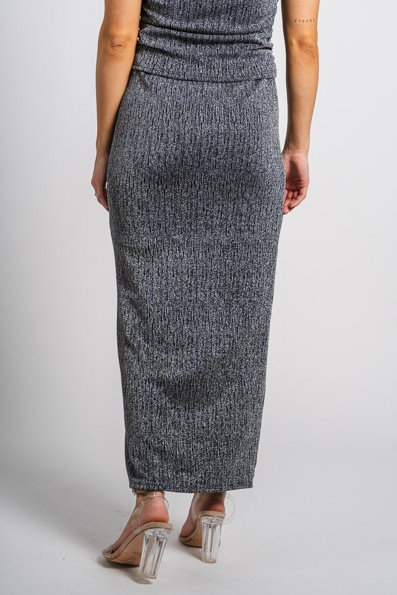 Shimmer midi skirt black/silver | Lush Fashion Lounge: boutique fashion skirts, affordable boutique skirts, cute affordable skirts