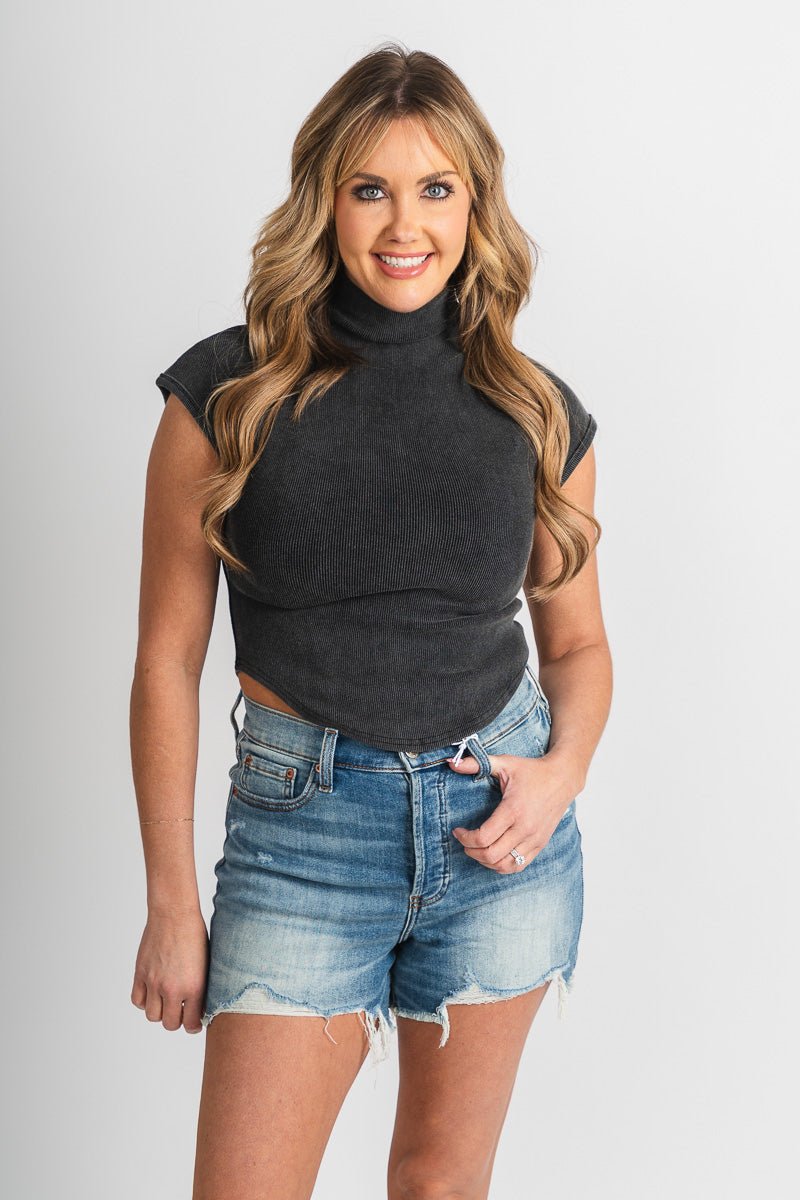 Ribbed mock neck tank top charcoal - Cute Tank Top - Trendy Tank Tops at Lush Fashion Lounge Boutique in Oklahoma City