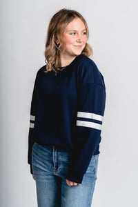 Varsity stripe sweatshirt navy - Trendy Oklahoma City Basketball T-Shirts Lush Fashion Lounge Boutique in Oklahoma City