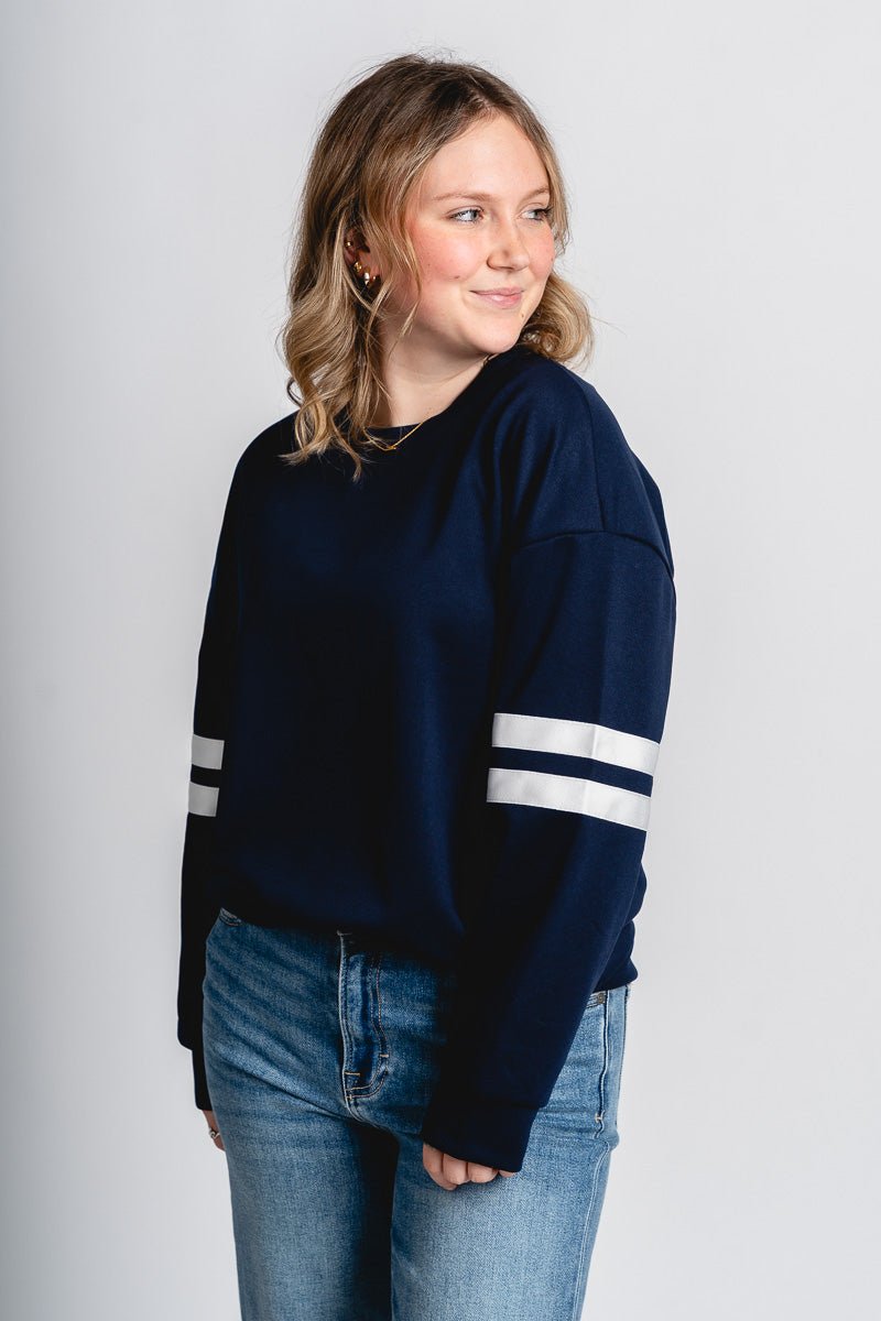 Varsity stripe sweatshirt navy - Trendy Oklahoma City Basketball T-Shirts Lush Fashion Lounge Boutique in Oklahoma City