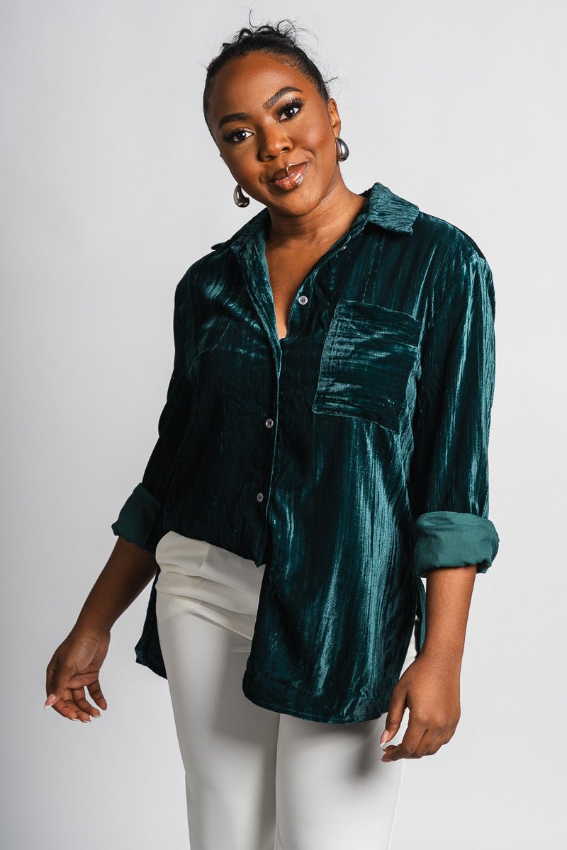 Velvet button down shirt hunter green - Trendy Holiday Apparel at Lush Fashion Lounge Boutique in Oklahoma City