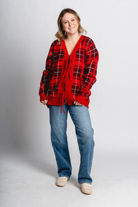 Tie front plaid cardigan red - Exclusive Collection of Holiday Inspired T-Shirts and Hoodies at Lush Fashion Lounge Boutique in Oklahoma City