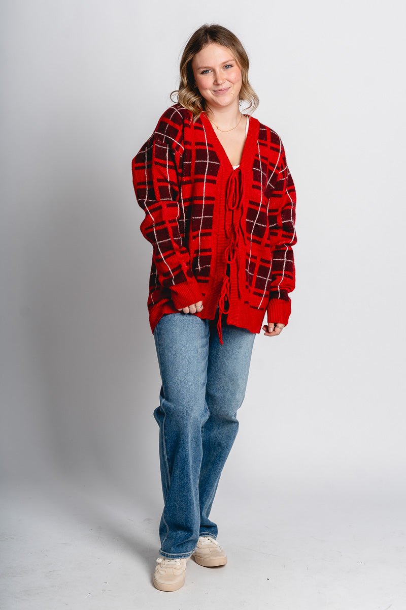 Tie front plaid cardigan red