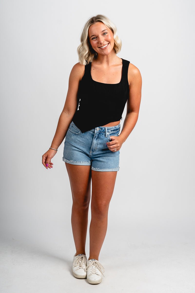Asymmetrical hem tank top black Stylish Tank Top - Womens Fashion Tank Tops at Lush Fashion Lounge Boutique in Oklahoma City