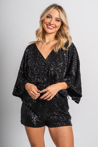 Kimono sequin romper black - Cute Romper - Trendy Rompers and Pantsuits at Lush Fashion Lounge Boutique in Oklahoma City