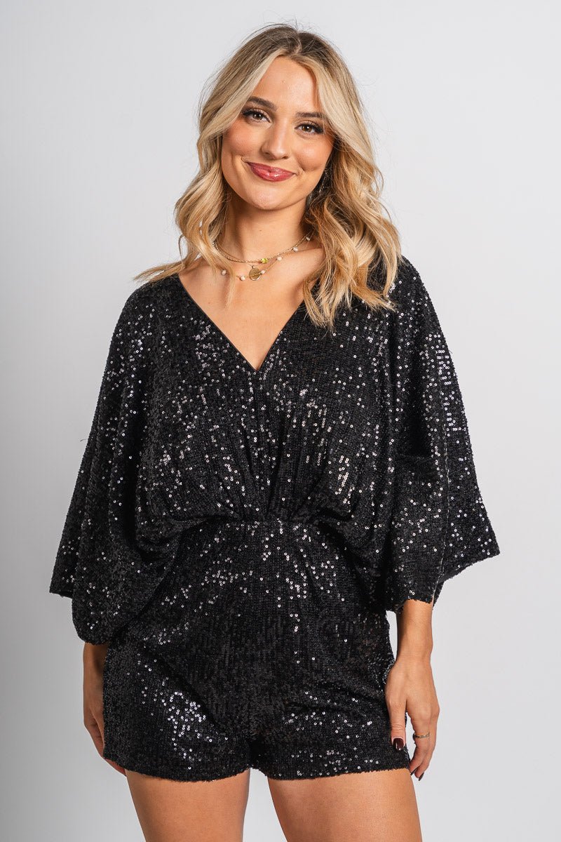 Kimono sequin romper black - Affordable Romper - Boutique Rompers & Pantsuits at Lush Fashion Lounge Boutique in Oklahoma City