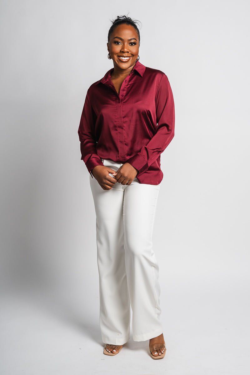 Classic long sleeve silky blouse burgundy - Exclusive Collection of Holiday Inspired T-Shirts and Hoodies at Lush Fashion Lounge Boutique in Oklahoma City