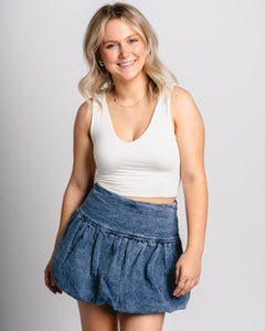 Puff hem denim skirt medium denim | Lush Fashion Lounge: boutique fashion skirts, affordable boutique skirts, cute affordable skirts