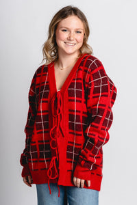Tie front plaid cardigan red - Affordable Cardigan - Boutique Cardigans & Trendy Kimonos at Lush Fashion Lounge Boutique in Oklahoma City