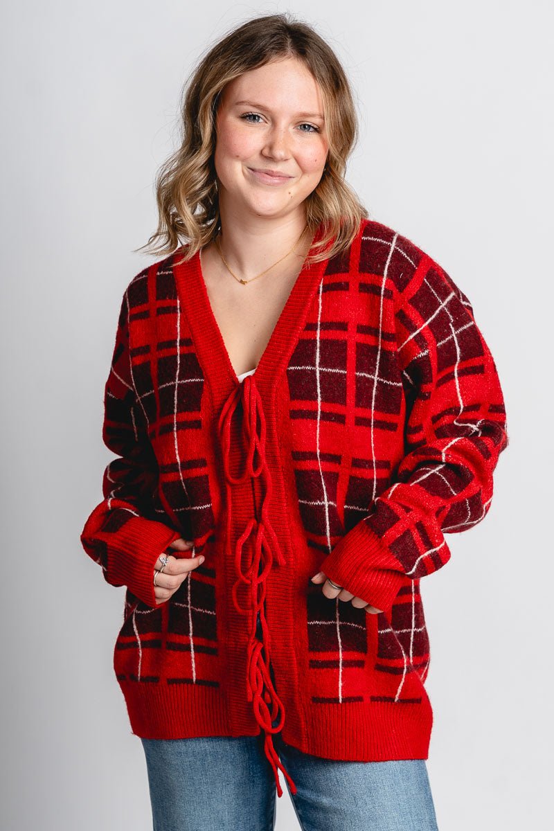 Tie front plaid cardigan red - Trendy Holiday Apparel at Lush Fashion Lounge Boutique in Oklahoma City