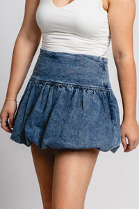 Puff hem denim skirt medium denim | Lush Fashion Lounge: boutique fashion skirts, affordable boutique skirts, cute affordable skirts
