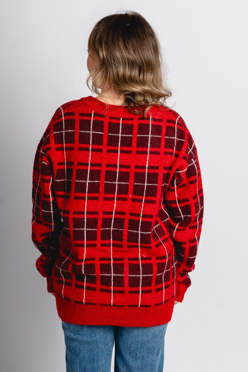 Tie front plaid cardigan red