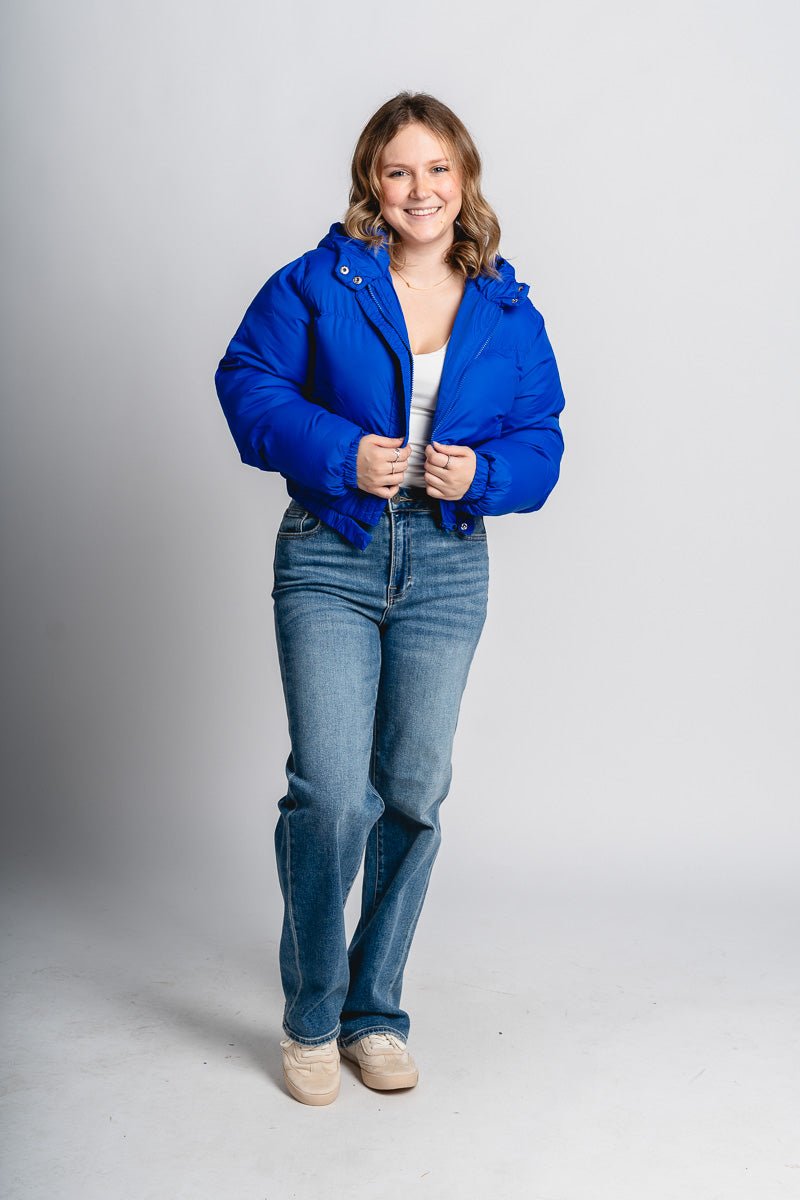 Hoodie puffer jacket royal blue - Oklahoma City inspired graphic t-shirts at Lush Fashion Lounge Boutique in Oklahoma City