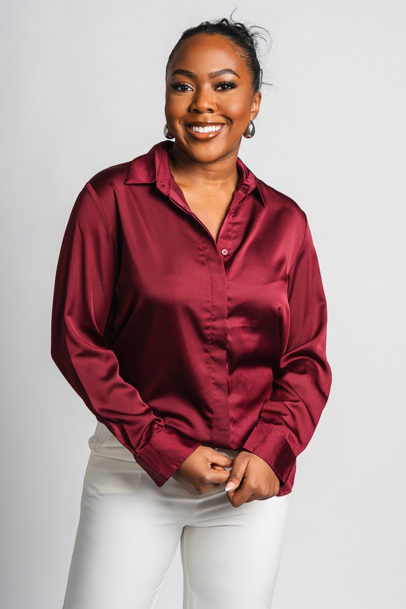 Classic long sleeve silky blouse burgundy | Trendy Tops
