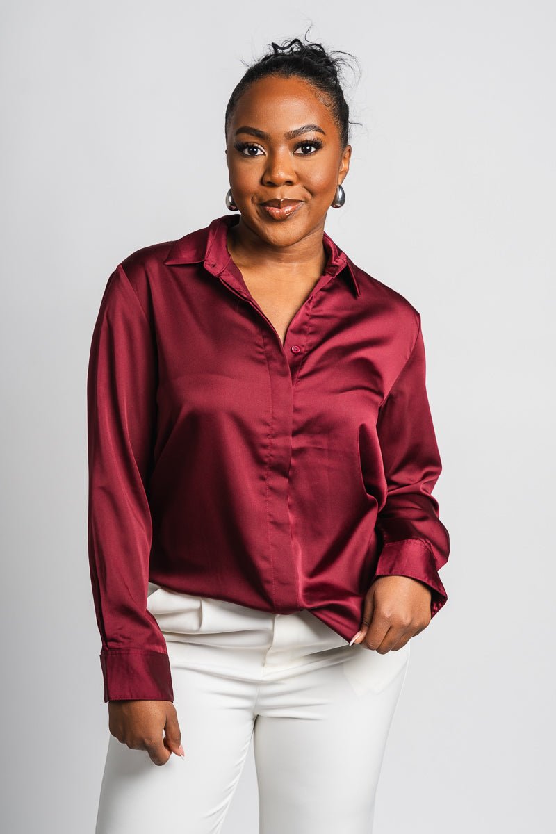Classic long sleeve silky blouse burgundy | Trendy Tops - Lush Fashion Lounge Classic long sleeve silky blouse burgundy | Trendy Tops - Lush Fashion Lounge