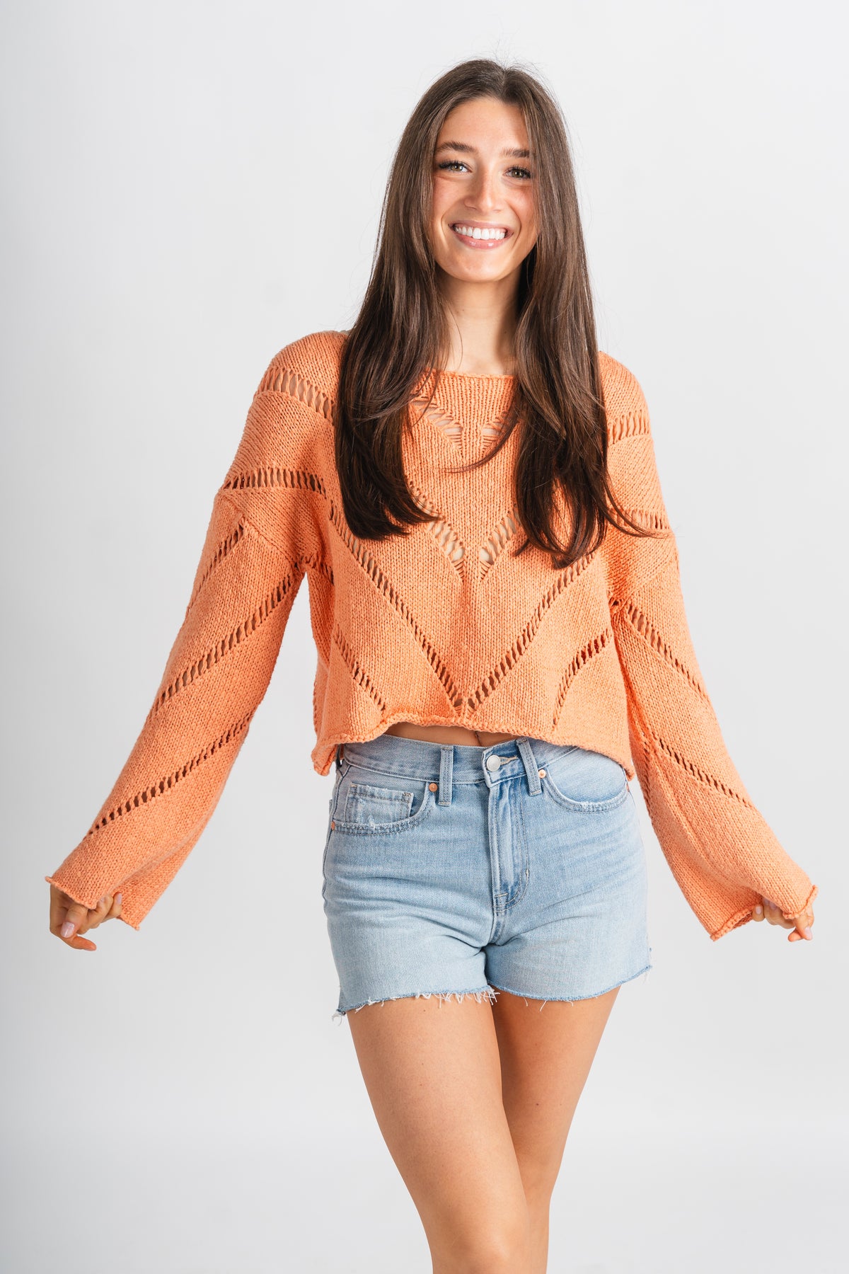 Distressed crop sweater apricot – Boutique Sweaters | Fashionable Sweaters at Lush Fashion Lounge Boutique in Oklahoma City