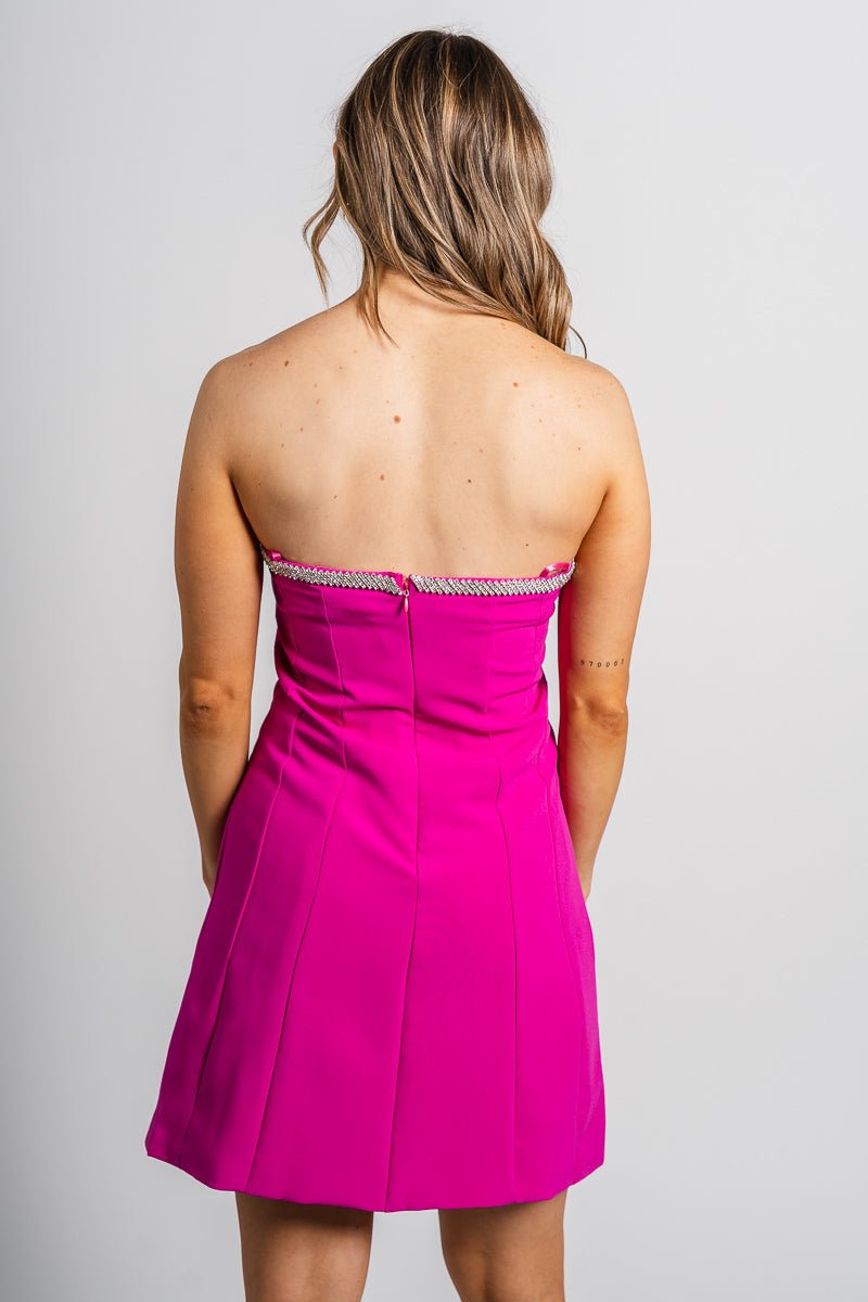 Strapless rhinestone trim dress magenta