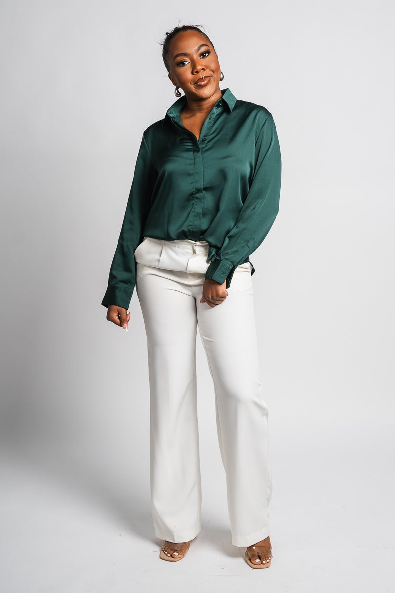 Classic long sleeve silky blouse hunter green - Exclusive Collection of Holiday Inspired T-Shirts and Hoodies at Lush Fashion Lounge Boutique in Oklahoma City