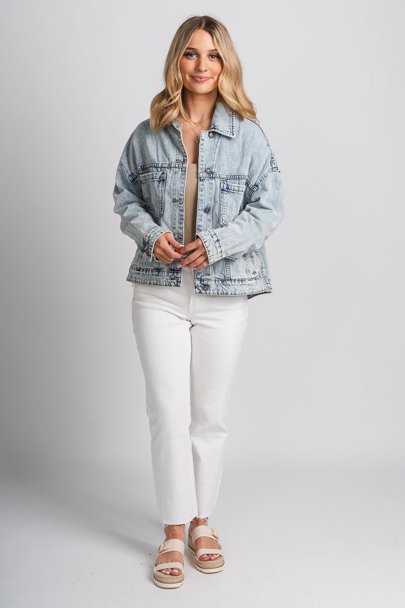 Oversized denim jacket light wash – Unique Blazers | Cute Blazers For Women at Lush Fashion Lounge Boutique in Oklahoma City