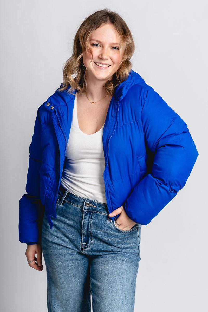 Hoodie puffer jacket royal blue – Trendy Jackets | Cute Fashion Blazers at Lush Fashion Lounge Boutique in Oklahoma City