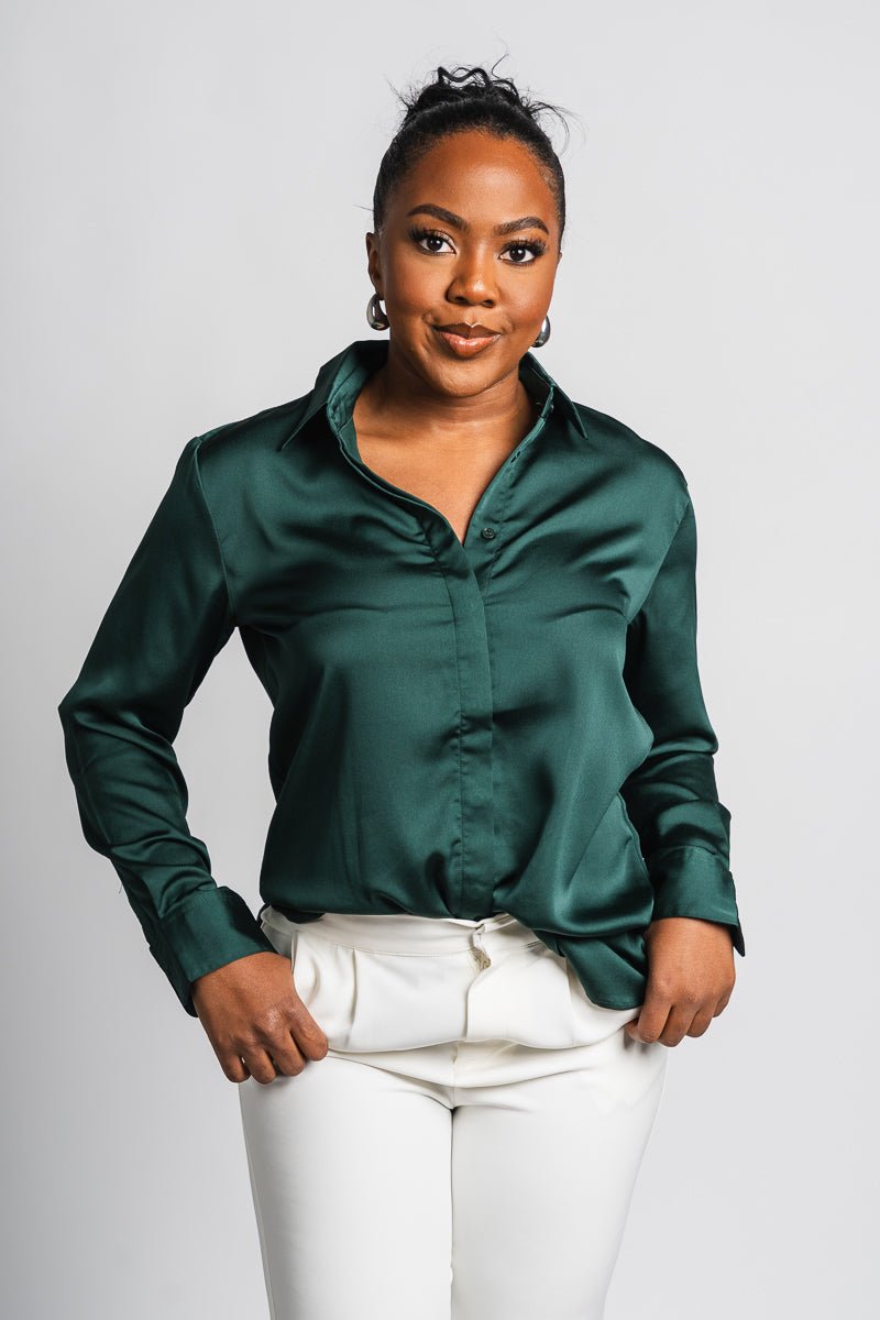 Classic long sleeve silky blouse hunter green