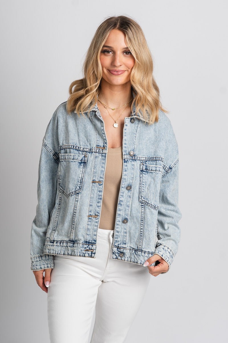 Oversized denim jacket light wash – Trendy Jackets | Cute Fashion Blazers at Lush Fashion Lounge Boutique in Oklahoma City