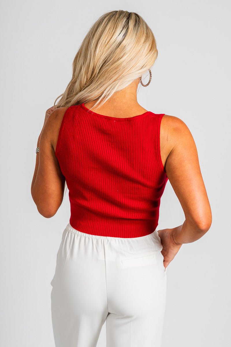 Sleeveless rhinestone bow sweater tank top red