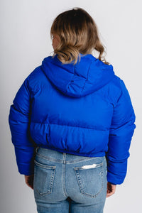 Hoodie puffer jacket royal blue - Vintage OKC Basketball T-Shirts at Lush Fashion Lounge Boutique in Oklahoma City