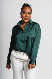 Classic long sleeve silky blouse hunter green - Trendy Holiday Apparel at Lush Fashion Lounge Boutique in Oklahoma City