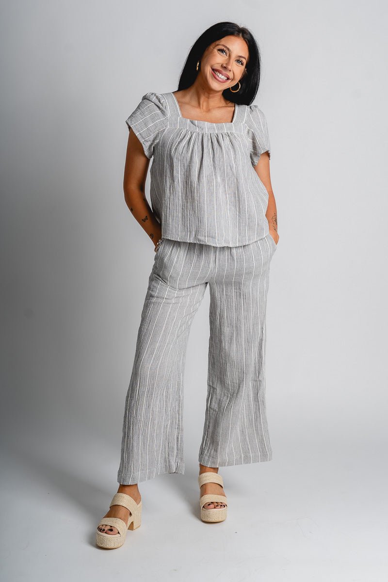 Striped gauze pants charcoal | Lush Fashion Lounge: women's boutique pants, boutique women's pants, affordable boutique pants, women's fashion pants