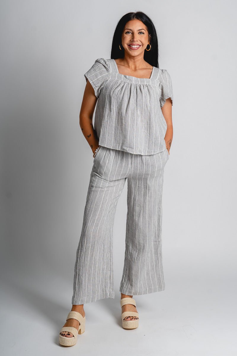 Striped gauze pants charcoal | Lush Fashion Lounge: women's boutique pants, boutique women's pants, affordable boutique pants, women's fashion pants