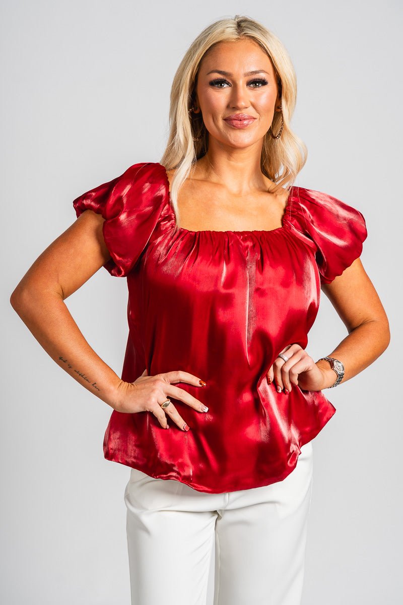 Organza puff sleeve top red