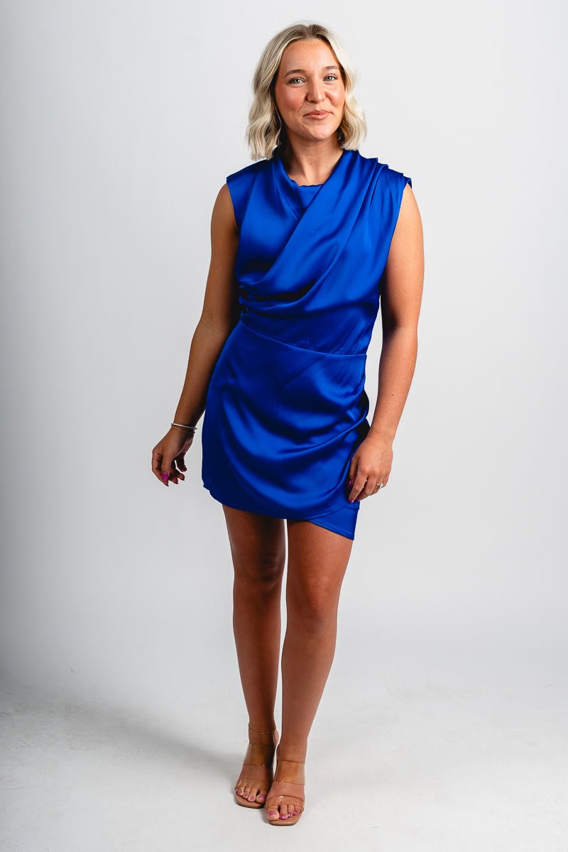 Cowl neck satin mini dress royal blue Stylish dress - Womens Fashion Dresses at Lush Fashion Lounge Boutique in Oklahoma City