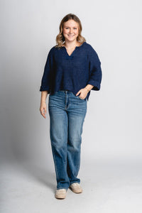 V-neck crop sweater navy - Oklahoma City inspired graphic t-shirts at Lush Fashion Lounge Boutique in Oklahoma City