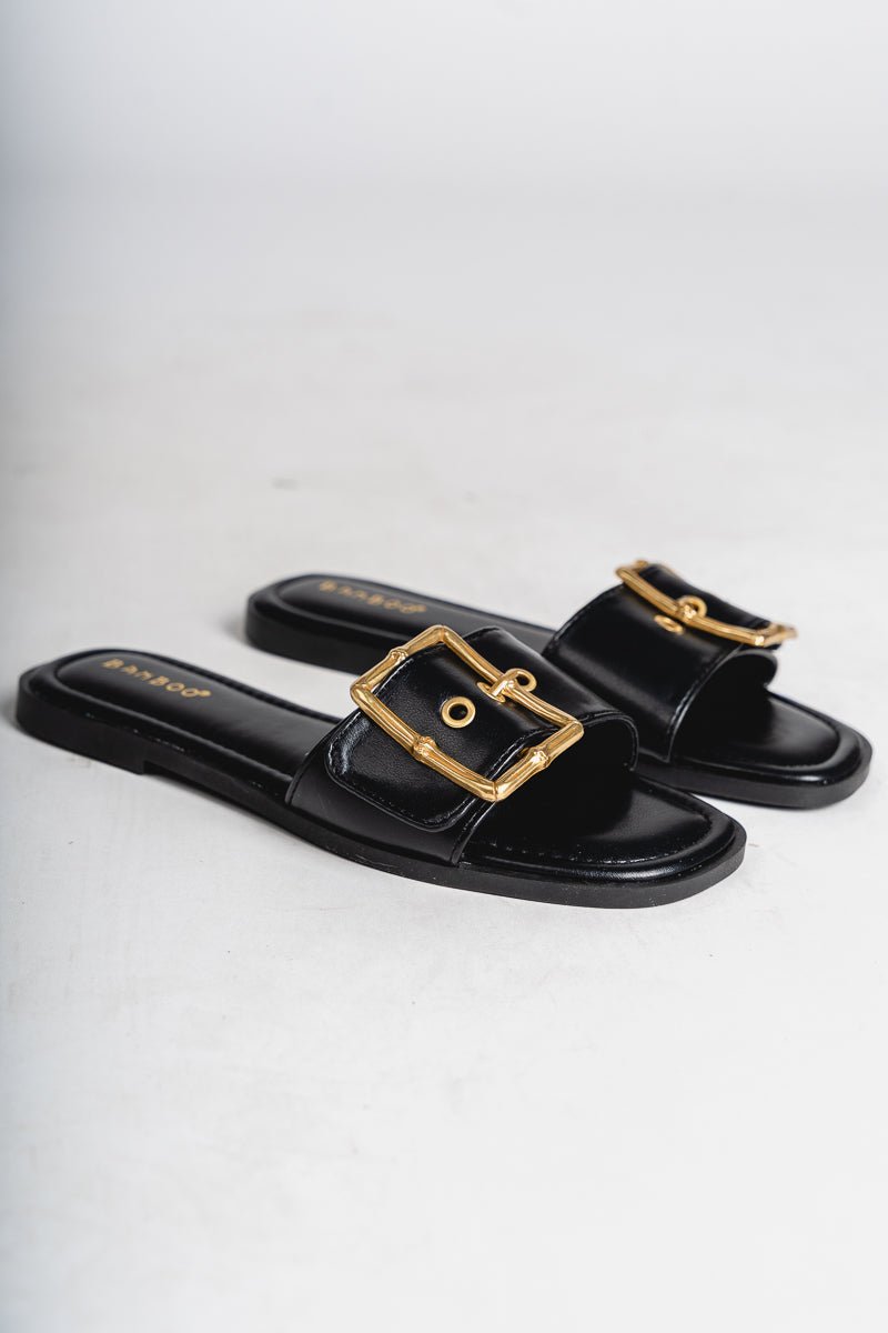 Tip gold buckle sandal black - Stylish Shoes - Trendy Staycation Outfits at Lush Fashion Lounge Boutique in Oklahoma City