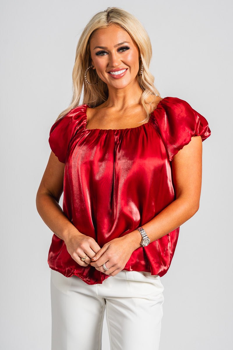 Organza puff sleeve top red - Trendy Holiday Apparel at Lush Fashion Lounge Boutique in Oklahoma City