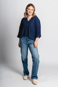 V-neck crop sweater navy - Trendy OKC Thunder T-Shirts at Lush Fashion Lounge Boutique in Oklahoma City