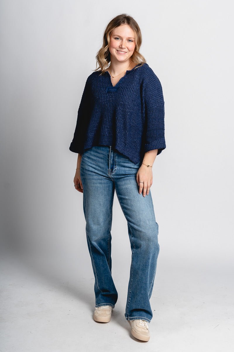 V-neck crop sweater navy - Trendy OKC Thunder T-Shirts at Lush Fashion Lounge Boutique in Oklahoma City