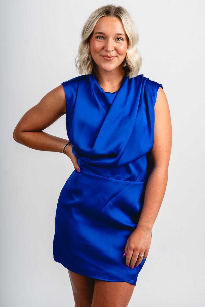Cowl neck satin mini dress royal blue - Cute dress - Trendy Dresses at Lush Fashion Lounge Boutique in Oklahoma City