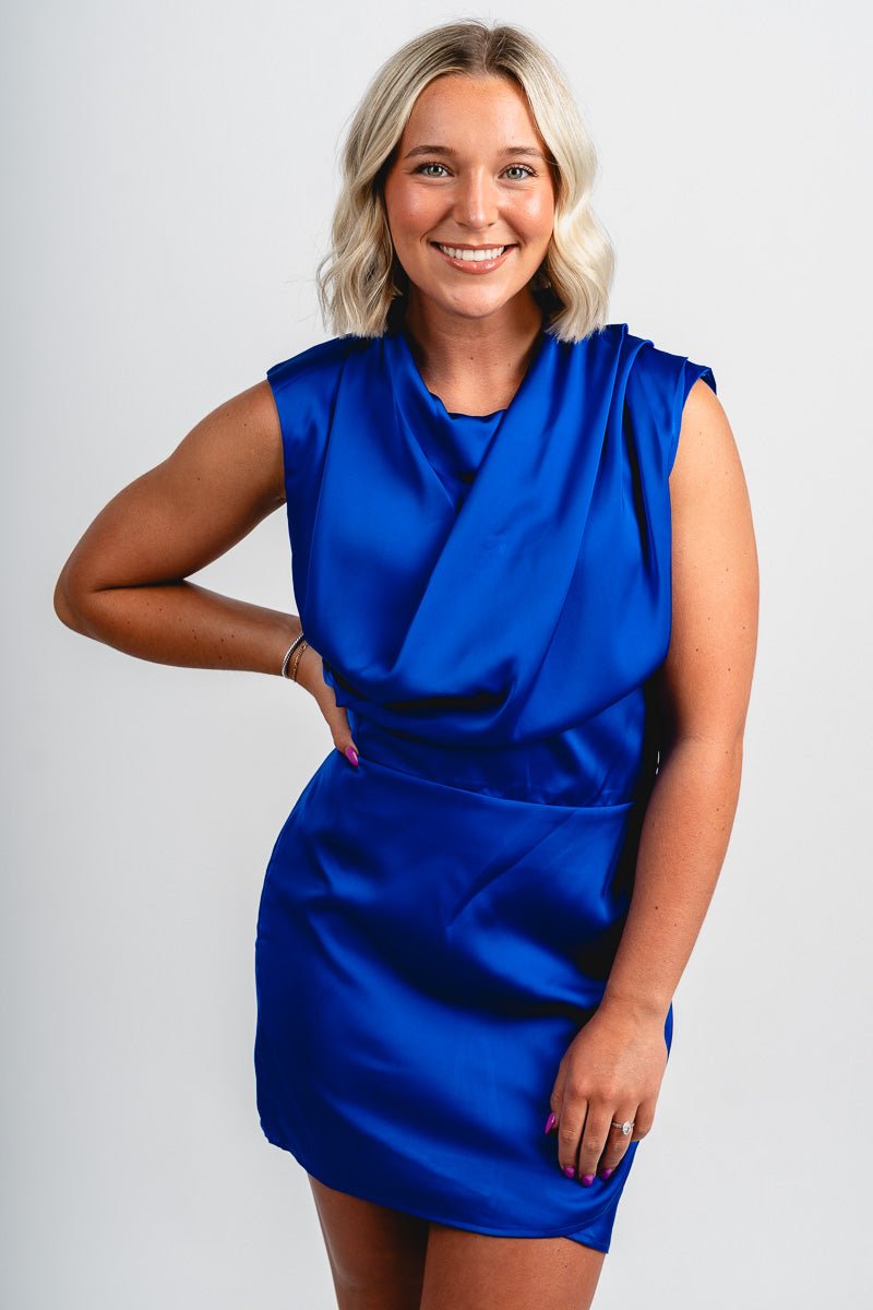 Cowl neck satin mini dress royal blue - Affordable dress - Boutique Dresses at Lush Fashion Lounge Boutique in Oklahoma City