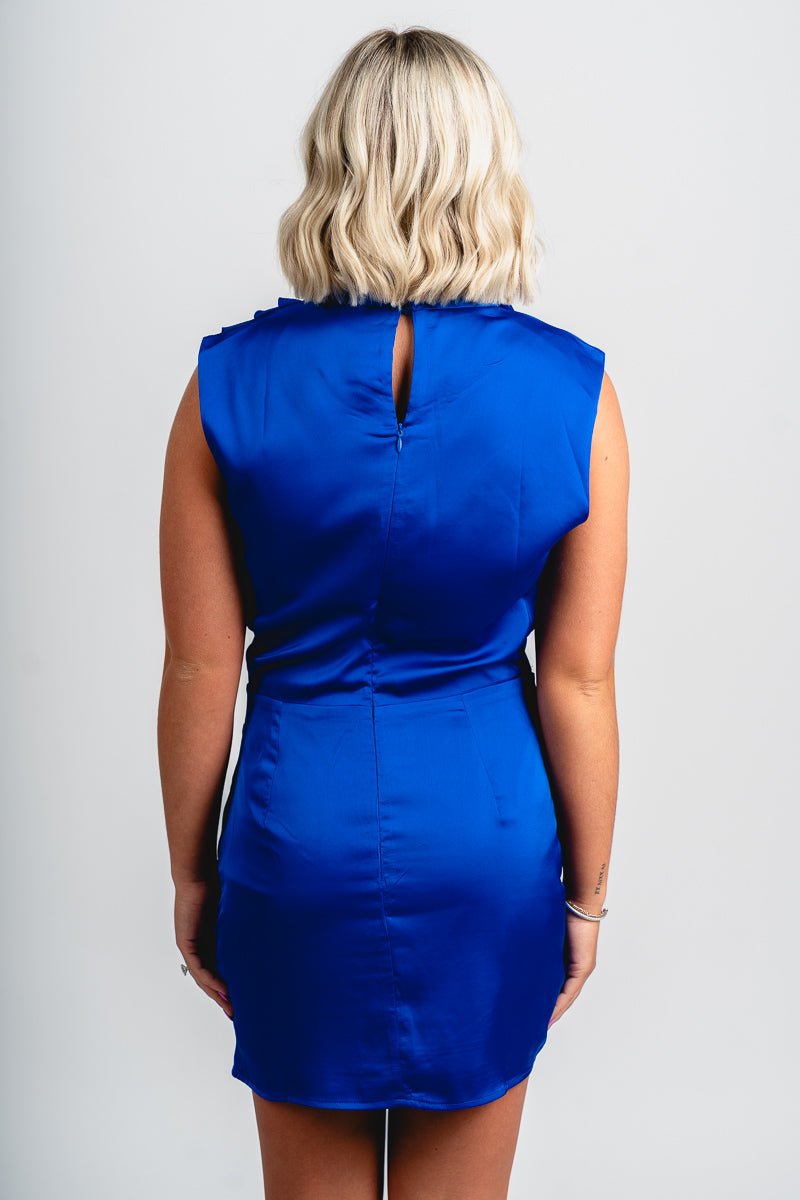 Cowl neck satin mini dress royal blue