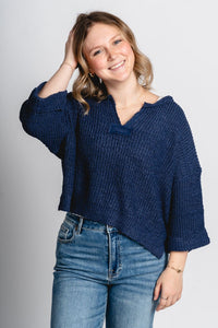 V-neck crop sweater navy – Boutique Sweaters | Fashionable Sweaters at Lush Fashion Lounge Boutique in Oklahoma City